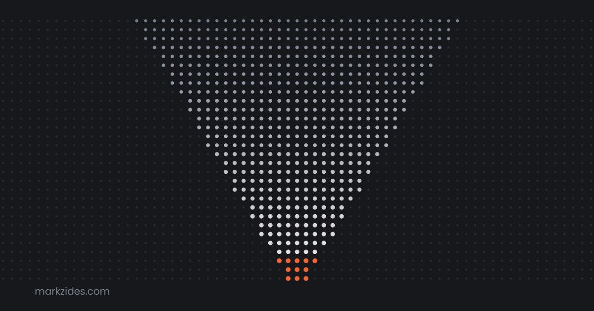 A funnel shape formed out of hundreds of dots, brightening as it narrows and turning orange at the point where almost nothing is left